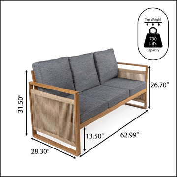 Gable 3-Seat Mid-Century Modern Roped Acacia Wood Outdoor Sofa with Cushions - JONATHAN Y